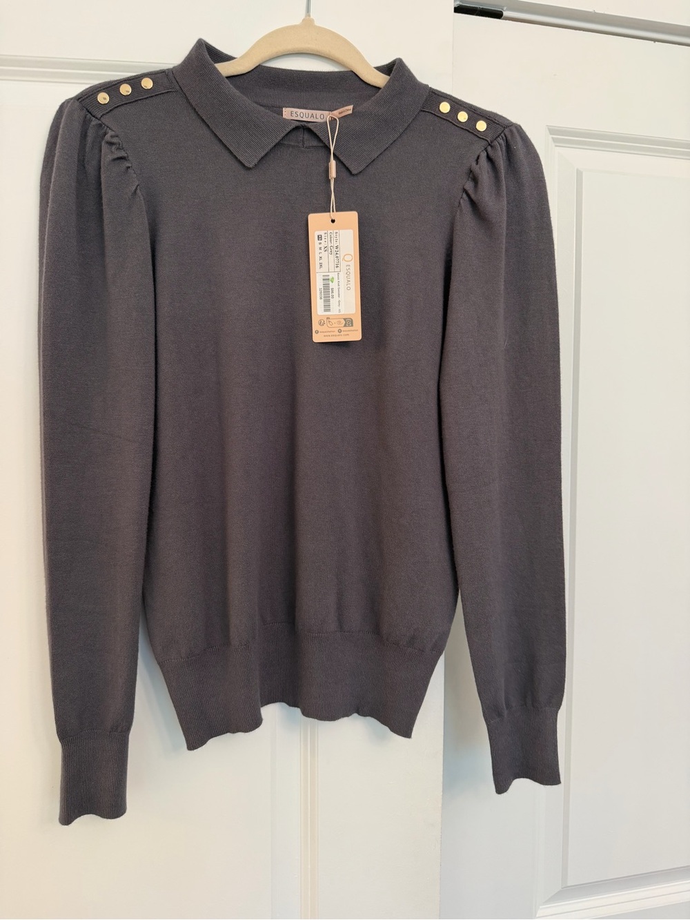 EsQualo Gray Collared Puff Sleeve Gold Button Sweater XS NWT